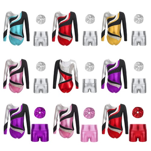 Kids Girls Outfit Metallic Set Rhinestones Dancewear Shiny Round Neckline Dance - Picture 6 of 53