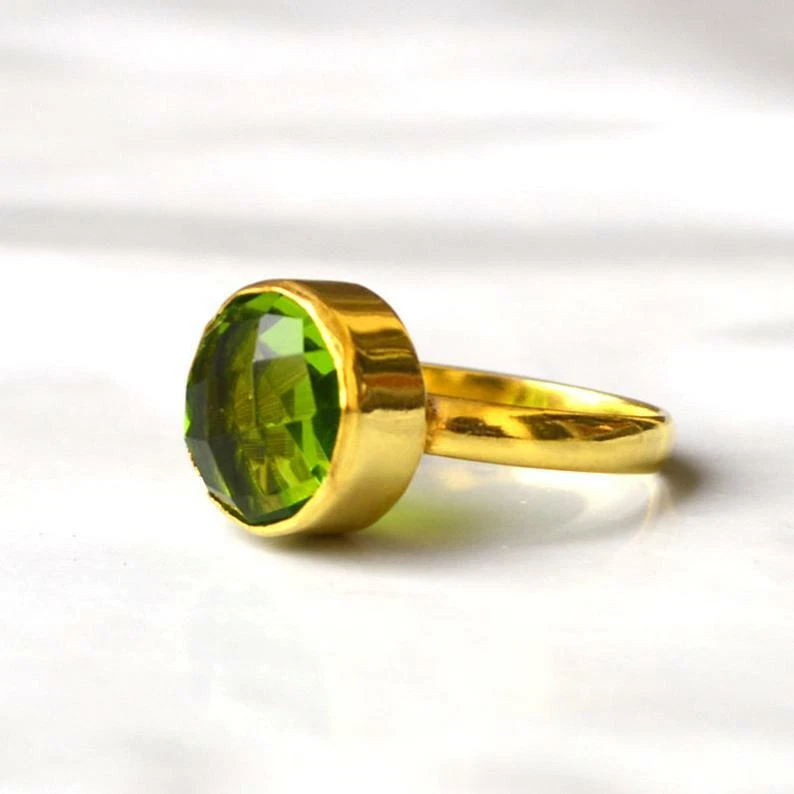 Check Cut Peridot Quartz Sterling Silver Yellow Gold Plated Handmade Gift Ring - Image 2 of 4