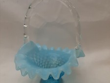 FENTON SMALL 6" BLUE OPALESCENT HOBNAIL BASKET RUFFLED RIM