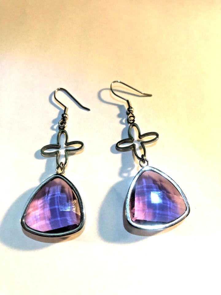 Pendientes Cincel Grande Acero Inoxidable Sintético Amatista Vidrio Corte 22mm NUEVO Foto 2 de 4