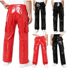 Men PU Leather Performance Pants Stage Cargo Festival Trousers Rock Glossy Y2K