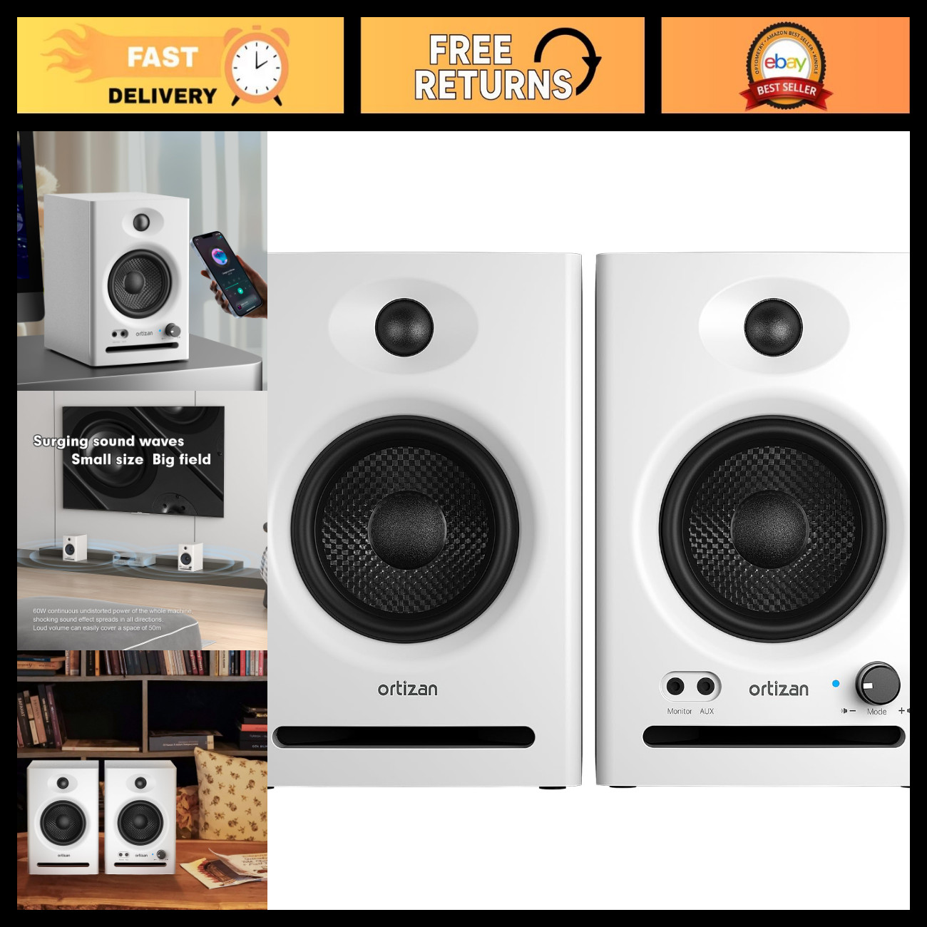 Powered Studio Monitors Pair with Bluetooth 5.3 - High-Quality Sound, White