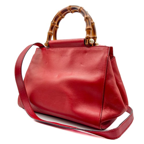 GUCCI Leather Bamboo Shoulder Hand Bag Nimfair Red 2Way 453767 Authentic
