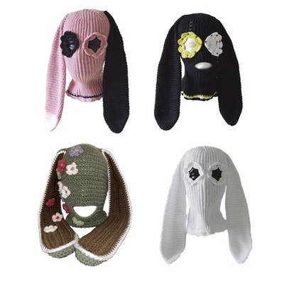 Girls Rabbit Hat Y2K Knitted Ears Hat Crocheted Rabbit Gifts Warm Flower Hat