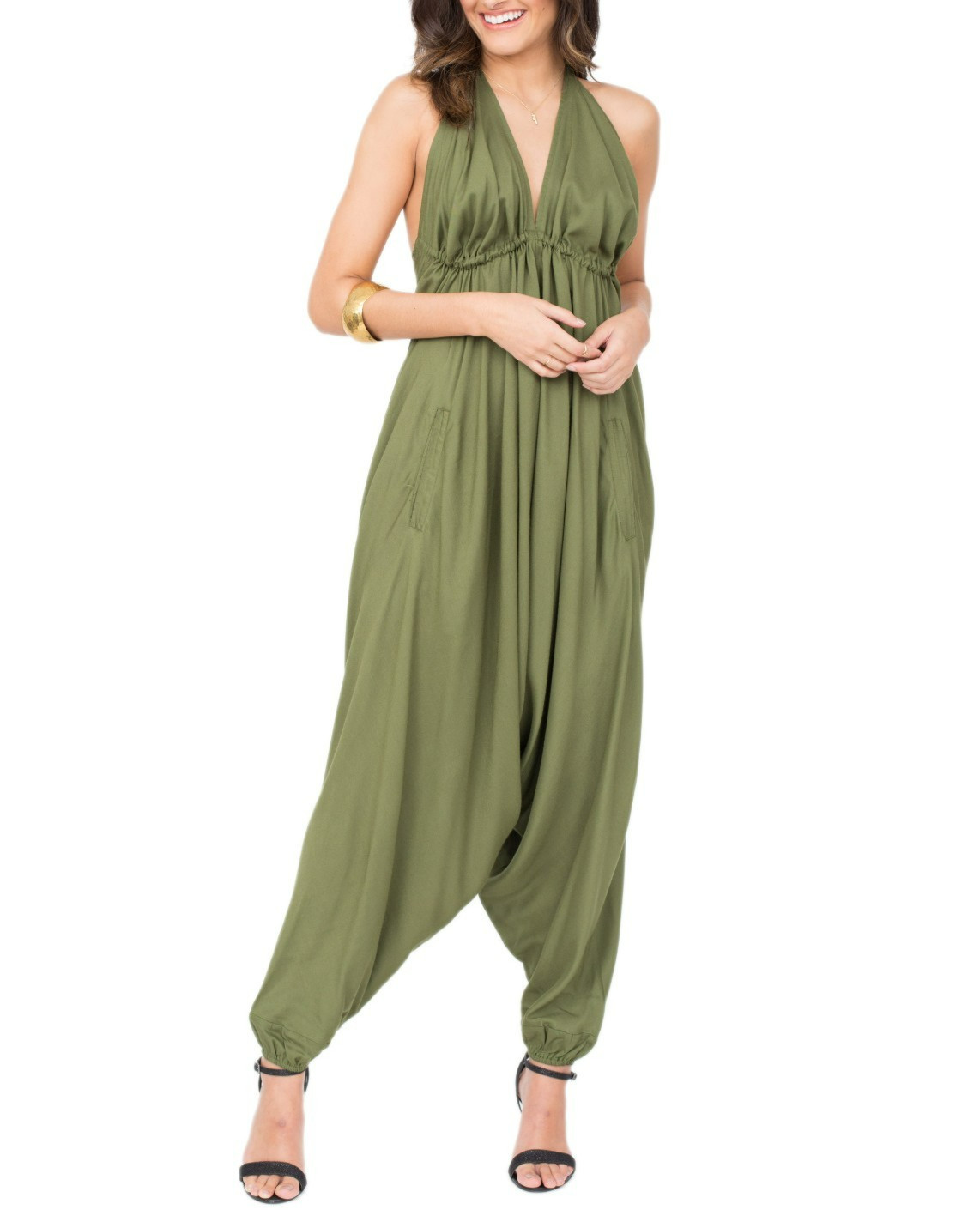 Mono halter sin espalda harén mameluco cuello halter verde talla única UK 8-16
