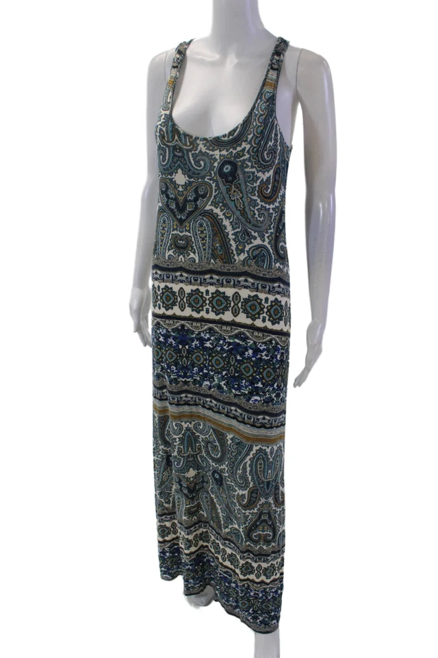 Vestido maxi feminino veludo por Graham & Spencer geométrico sem mangas azul tamanho P - Imagem 2 de 4