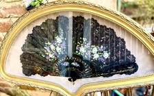 Victorian Antique Black Lace Hand Painted Professionally Framed Hand Signed Fan