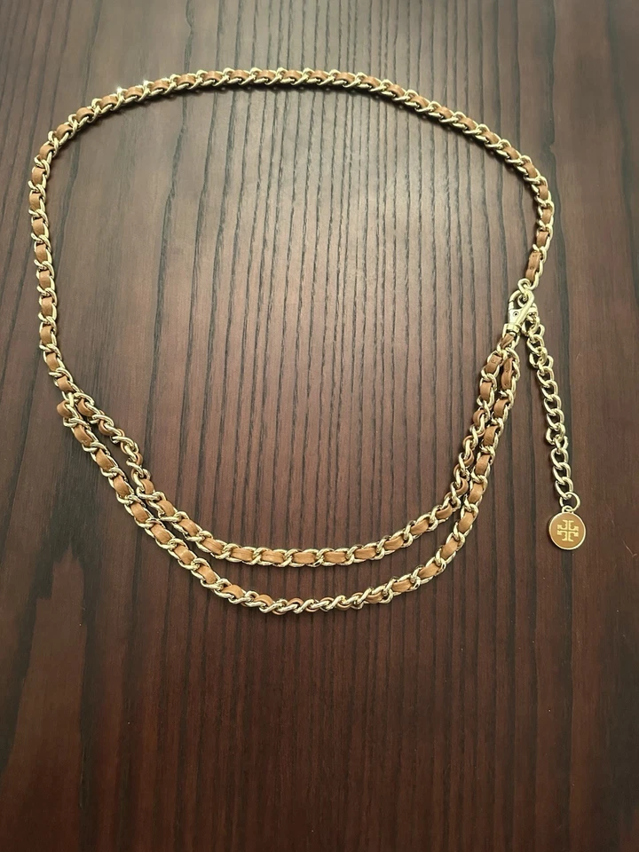 Authentic Tory Burch Leather & Chain Belt Tan/Gold  Size L/XL - Image 2 of 4