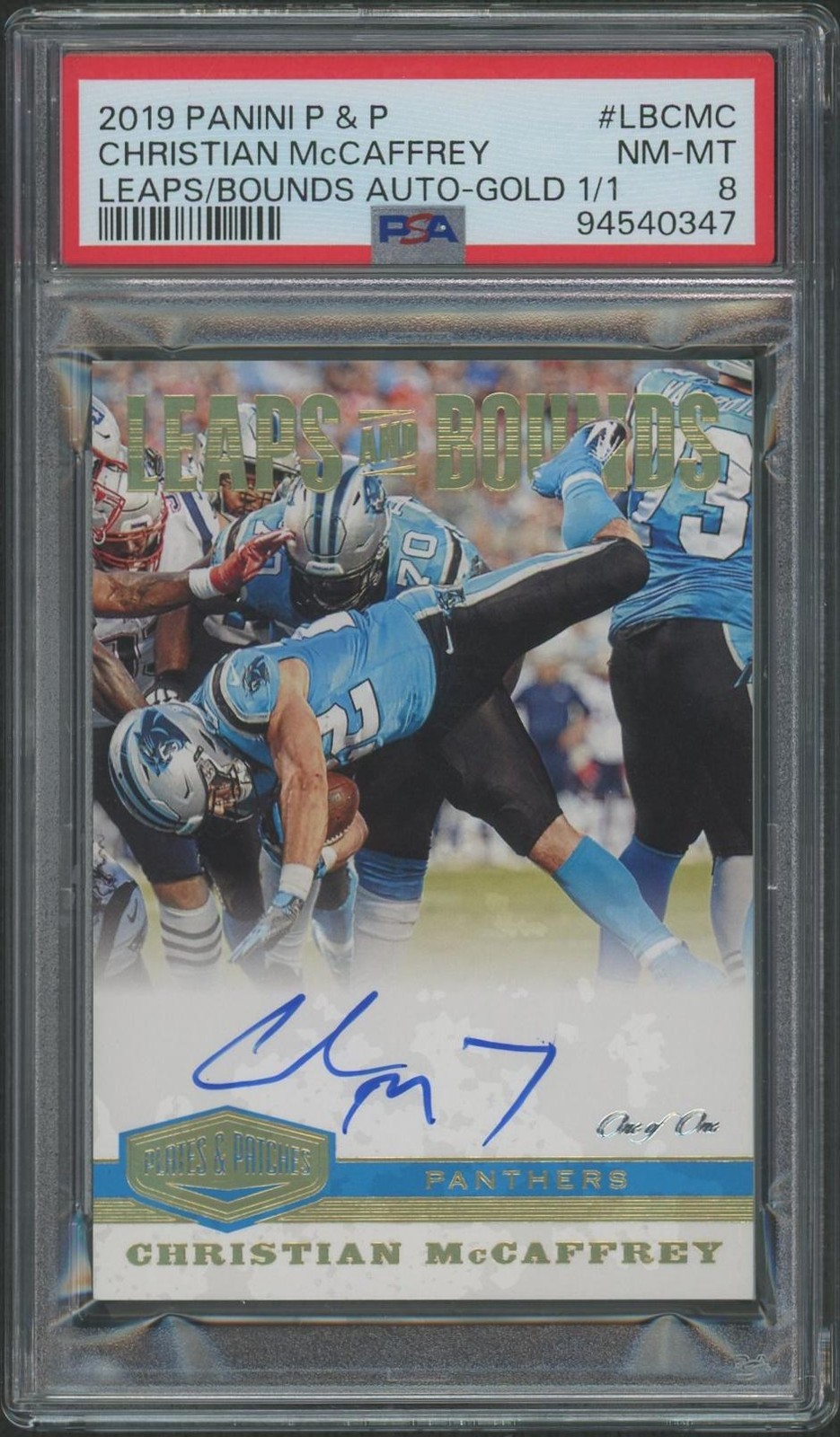 Multi Multi 2019 Plates & Patches Christian McCaffrey Leaps & Bounds Gold Auto #1/1 PSA 8 