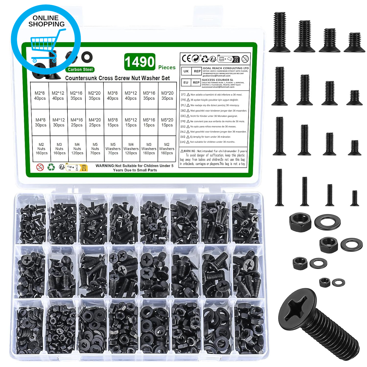1490 Pcs M2 M3 M4 M5 Screws Set, Countersunk Bolts and Nuts Set, Flat Head Machi