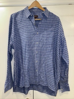  Johnston & Murphy Men s XXL Linen Cotton Button Down Shirt Blue Plaid 