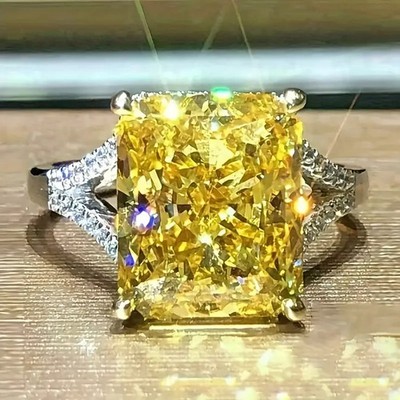 Unique 925 Sterling Silver Yellow Citrine Topaz Wedding Engagement Ring Size 9.5