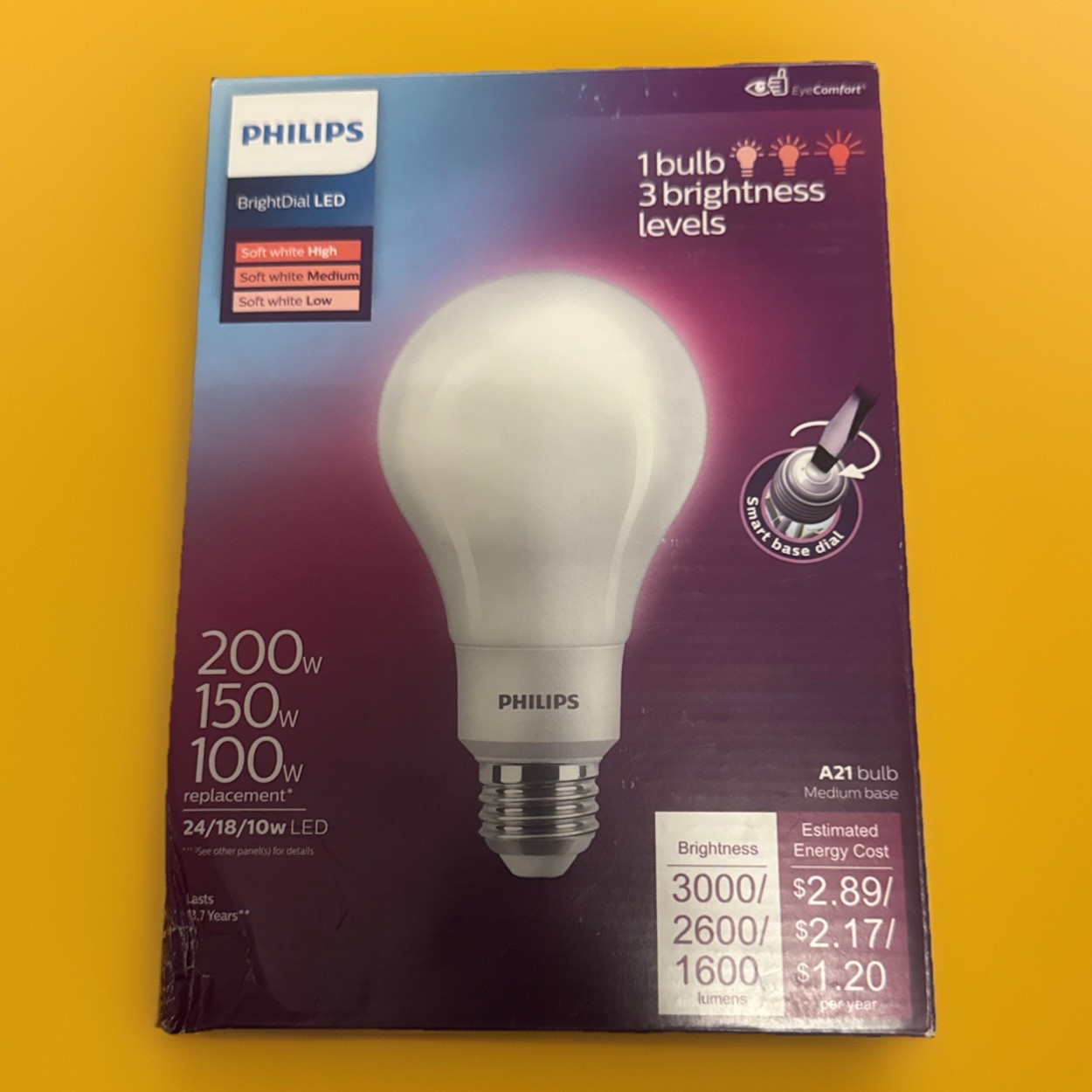 Philips BrightDial 200/150/100W Equivalent Soft White A21 Me