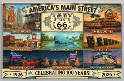 Route Rt 66 Centennial Celebration 100 Years 8 States New Postcard
