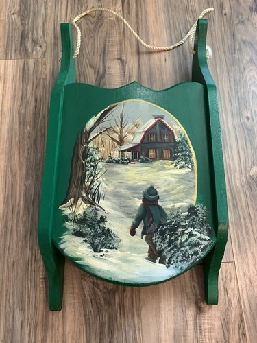 Vintage Holz handbemalter Schlitten Schlitten mit Kind Wandbehang Weihnachtsdeko