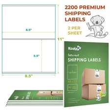 2200 Ct Koala Shipping Labels 8.5x5.5 Half Sheet Label Self Adhesive 2 Per Sheet