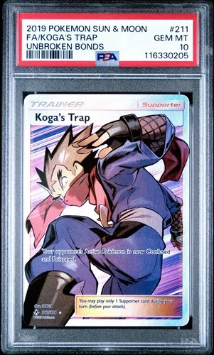 2019 POKEMON SUN & MOON KOGA’S TRAP FULL ART UNBROKEN BONDS #211/214 PSA 10 GEM