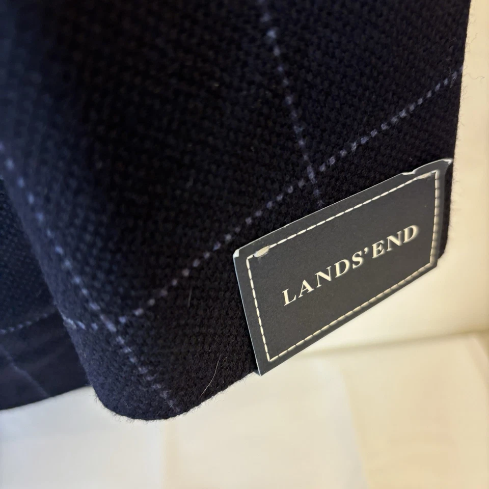 Lands End Wool Cashmere Coat Blazer Mens size 46 Navy Blue Large Check 2 Button - Image 3 of 4