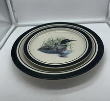 Vintage Folkcraft Stoneware "Loon Lake" by Scotty Z (1) Dinner & (1) Salad Plate