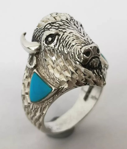 Anillo Búfalo 3D Turquesa Plata Esterlina Ted OTT Firmado Navajo De Colección Talla T - Imagen 2 de 14