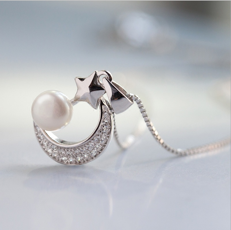 Sterling Silver CZ and Freshwater Pearl Moon and Star Post Earrings Sterling Silver CZ and Freshwater Pearl Moon and Star Post Earrings