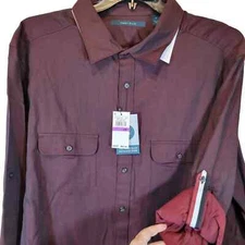 Perry Ellis Shirt 2X Untucked Red Burgundy Maroon Roll Tab Long Sleeve