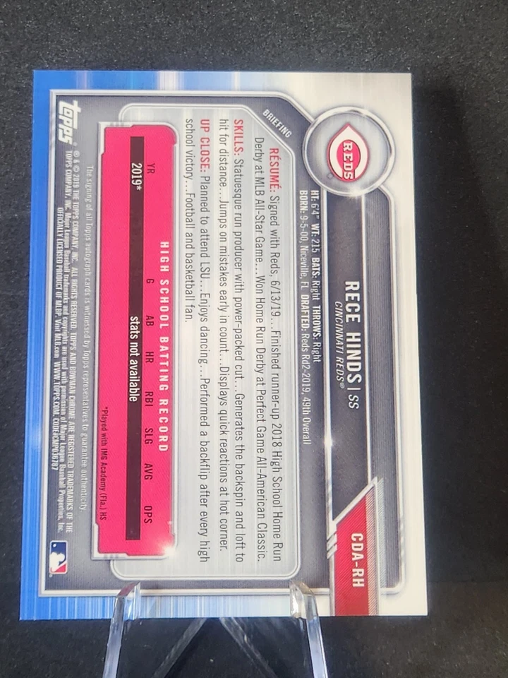 2019 Bowman Draft 1st Chrome Rece Hinds Auto Autograph #CDA-RH Reds RC Reds Cin. - Image 2 of 2