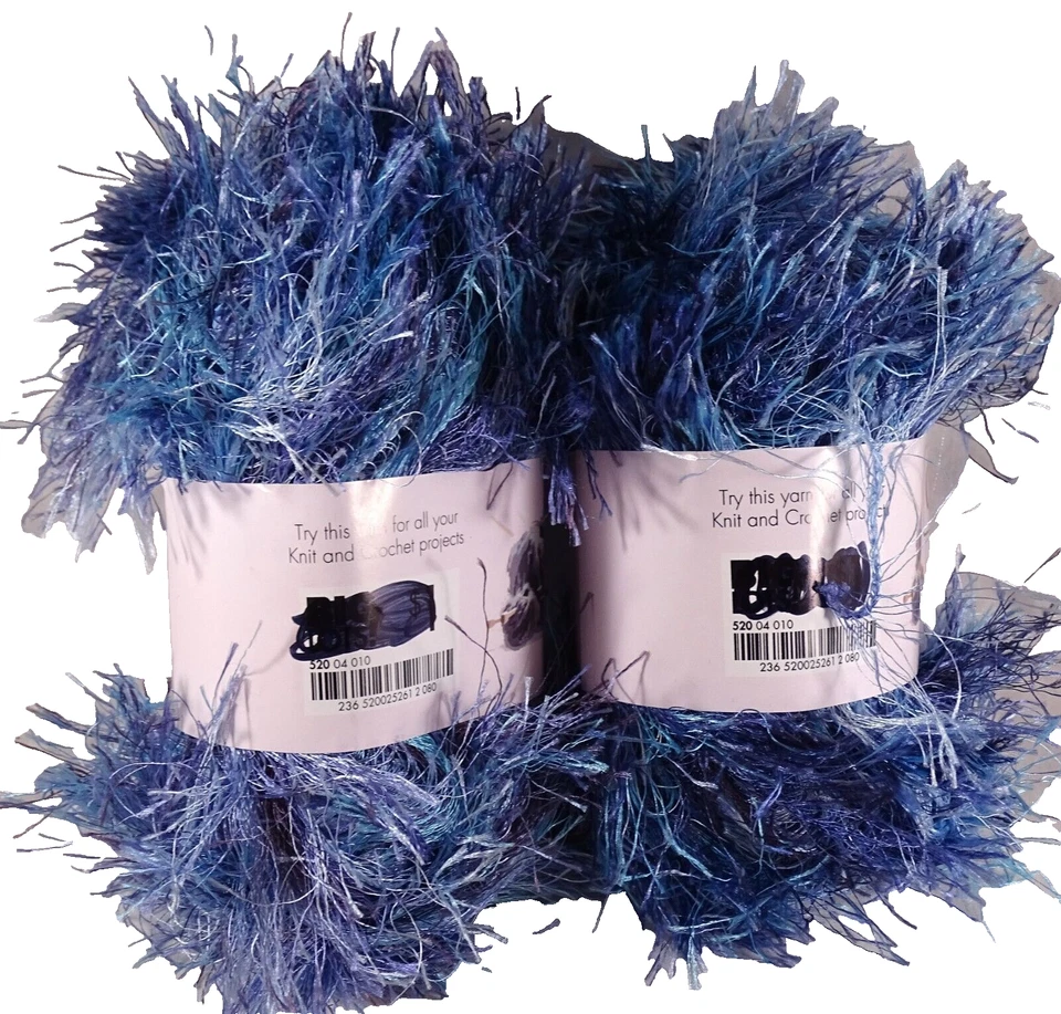 Lote de 2 madejas hilo de gala mezclado fibra novedad tejer artesanía ganchillo pestañas azules Foto 4 de 4
