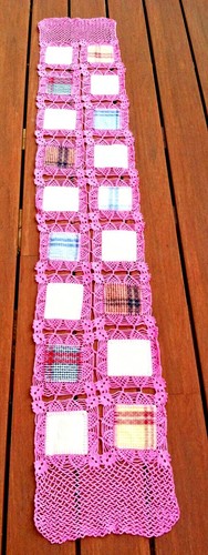 Vintage Crochet Table Runner Scarf with Fabric Squares PINK 72" x 13" - Picture 2 of 8