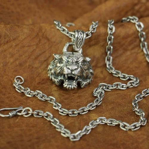 925 Sterling Silver High Details Tiger Pendant Mens Biker Punk Pendant Necklaces - Picture 18 of 21