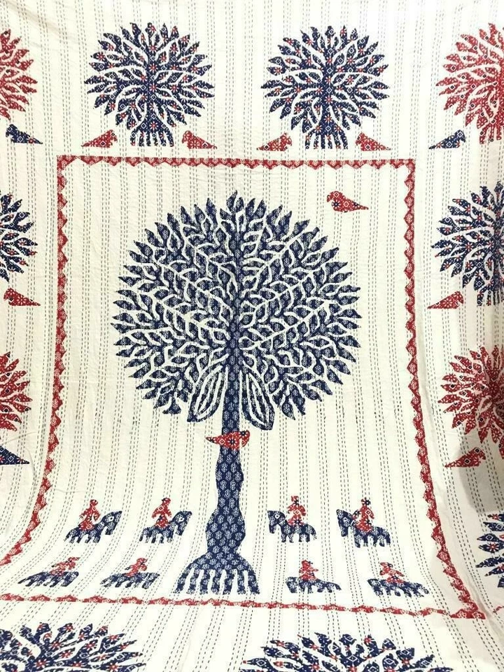 TREE OF LIFE KANTHA QUILT BEDSPREAD COTTON HANDMADE INDIAN BLANKET KING SIZE - Image 2 of 4