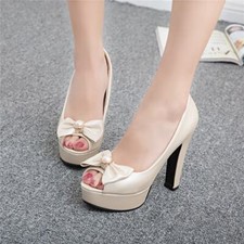 Wedding Womens Peep Toe Bowknot Platform High Stiletto Heels Pumps Party Shoes