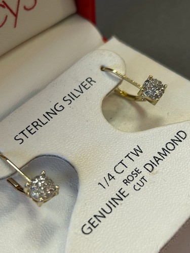 18K GOLD over 925 STERLING SILVER GENUINE DIAMONDS DROP DANGLE MACY'S EARRINGS - Picture 2 of 11