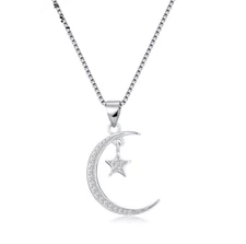925 Sterling silver CZ Crescent Moon Star Pendant Necklace 18" Chain Gift PE54