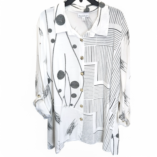Northstyle Women's 2X XXL Button Up Tunic Top White Art to Wear Artsy Casual