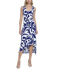 Donna Morgan Women's Printed Wrap-Waist Asymmetric Dress - Navy Sz-8