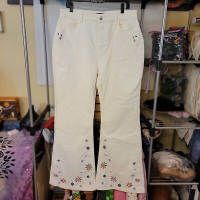 Forever 21+ Corduroy Pants Flare Legs White w/ Embroidered Flowers 1X  NWT