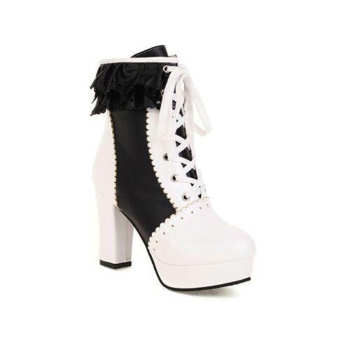 Süße Damen Stiefeletten runde Spitze Block High Heel Plateau Schnürschuhe 44-48 D - Bild 17 von 17