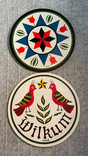Vintage MCM Jacob ZOOK Pennsylvania Dutch Hex Cork Back Trivets Set of 2