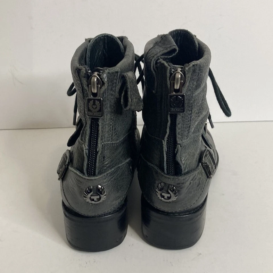 Belstaff Boots Womens 37 6 Gray Leather Lace Up Combat Moto Biker Buckle Foto 4 de 4