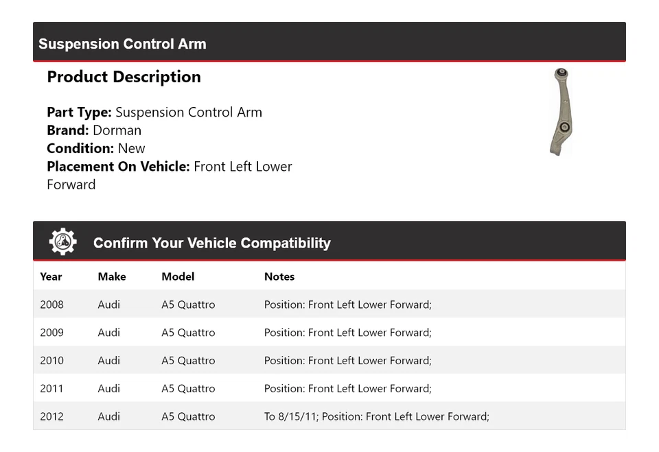 Brazo de control delantero izquierdo delantero inferior delantero 2009 para Audi A5 Quattro Dorman 2008-2012 Foto 2 de 4