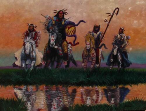 peinture à l'huile Amérindiens chevauchant des chevaux de l'autre côté de la rivière faite main sur toile - Photo 1/7