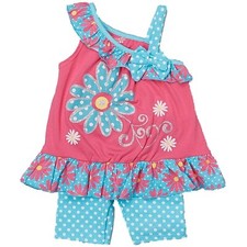 Little Girls Pink  Blue Daisy Floral Shirt  Leggings Set 2 Pc Polka Dot Outfit