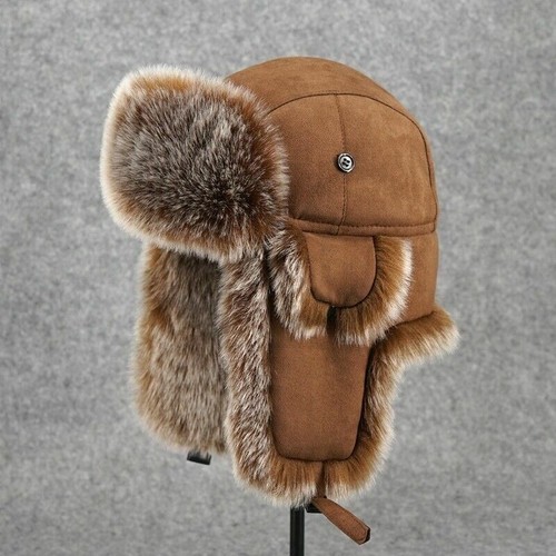 Men Winter Ushanka Russian Cossack Faux Fur Trapper Hats Suede Leather Warm Cap - Picture 2 of 10