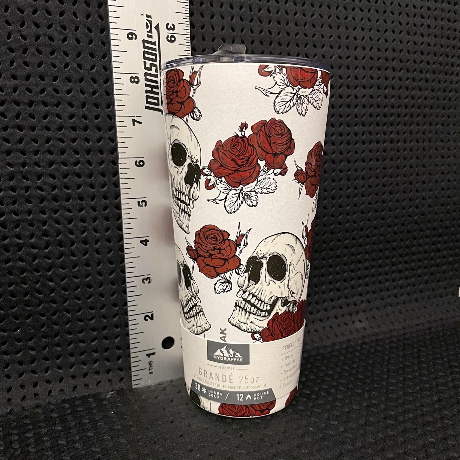 Hydrapeak Grande White W/ Red Rose Skull Straw Lid Stainless Steel