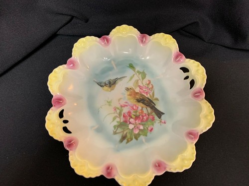 Two Bird Dish Bowl Vintage Colorful Germany Scalloped Edge - Picture 5 of 6