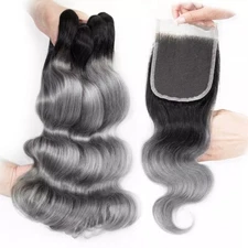 3 bundle + closure 4x4 1b#grey Body Wave Hair Human 12''