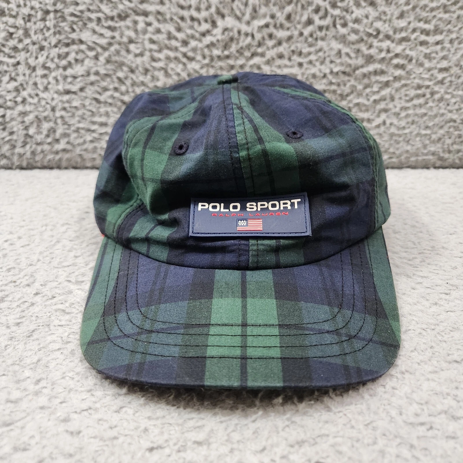 Vintage Polo Sport Ralph Lauren Hat Cap Black Watch Plaid Strapback Fleece 90s