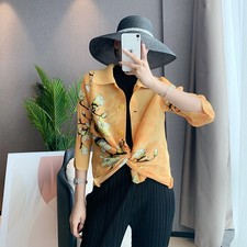 Pleats Please Issey Style Pleated Coat With Flower Print, Buttons And Collar