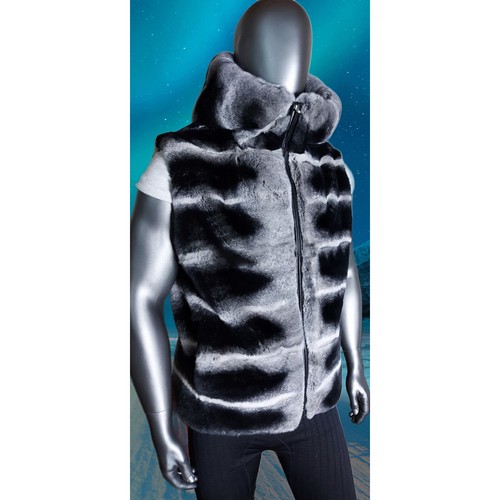 Men Genuine Fur Chinchilla Vest Real Rex Rabbit Full Fur Gilet Hooded Waistcoat - Picture 5 of 9